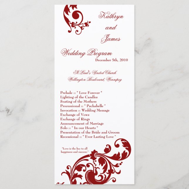 25 4x9 Wedding Program Crimson Red Floral Filigree (Front)