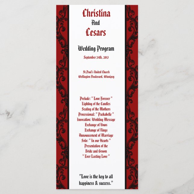 25 4x9 Wedding Program Crimson Red Ornate Embellis (Front)
