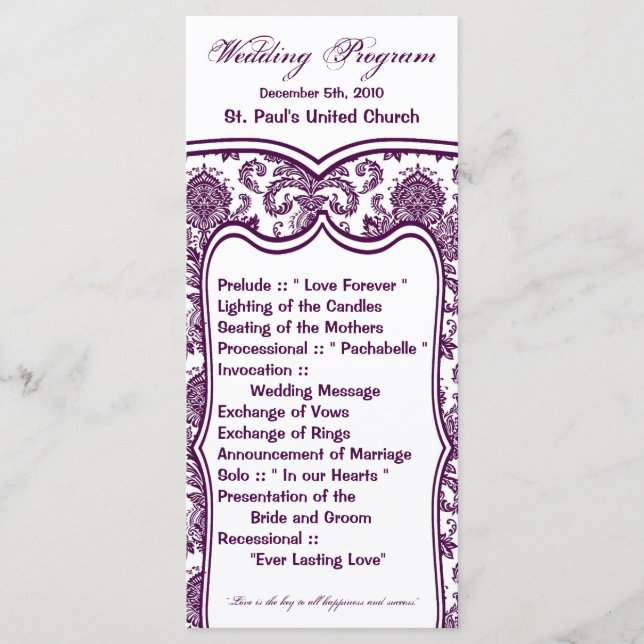 25 4x9 Wedding Program Damask Lace Print Pattern (Front)