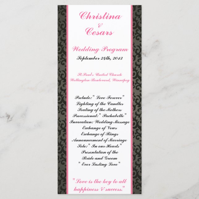 25 4x9 Wedding Program Damask/Stripes Pink Crown (Front)