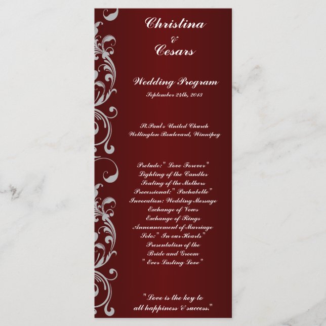 25 4x9 Wedding Program Dark Maroon Grey Swirls Red (Front)