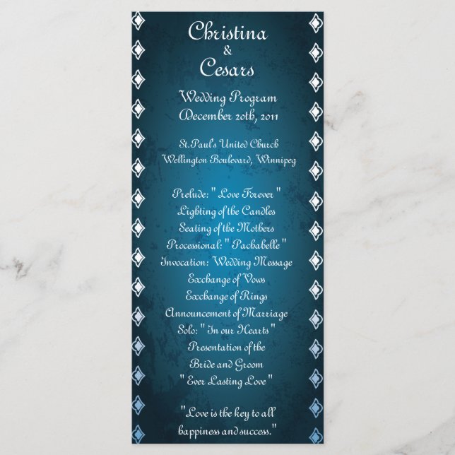 25 4x9 Wedding Program Deep Moroccan Blue (Front)
