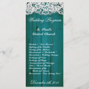25 4x9 Wedding Program Distrissed Teal Wood Lace