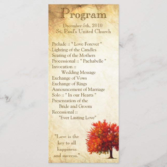 25 4x9 Wedding Program Fall Tree Aged Paper Autumn (Front)