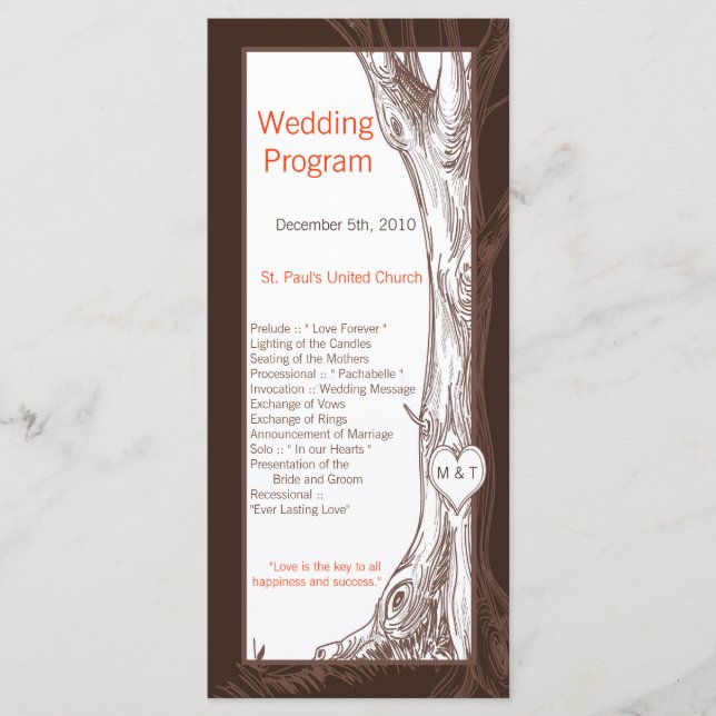 25 4x9 Wedding Program Fall Tree Initial Carvings (Front)