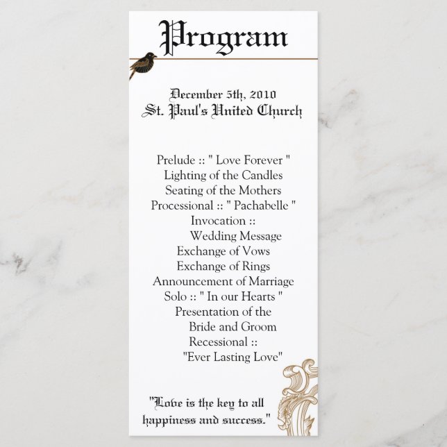 25 4x9 Wedding Program Formal Love Birds Pigeon (Front)