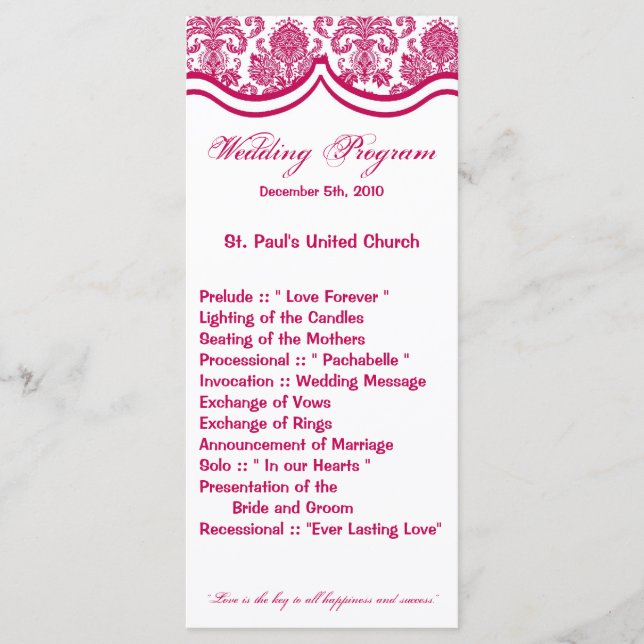 25 4x9 Wedding Program Fusia White Damask Lace Pri (Front)