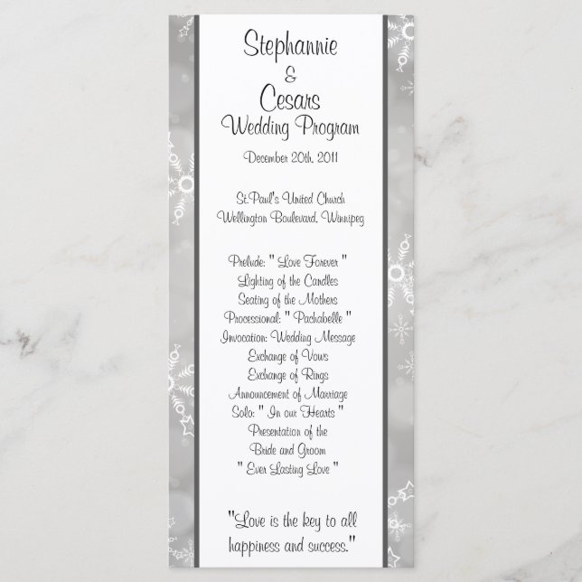 25 4x9 Wedding Program Grey Snowflakes (Front)