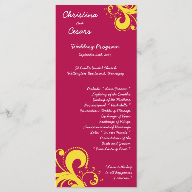 25 4x9 Wedding Program Hot Pink/Yellow Swirls Dots (Front)