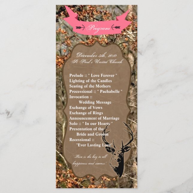 25 4x9 Wedding Program Hunting Deer Buck Head Camo (Front)