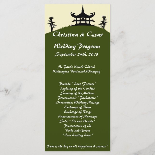 25 4x9 Wedding Program Japanese Green Hill Top Tem (Front)