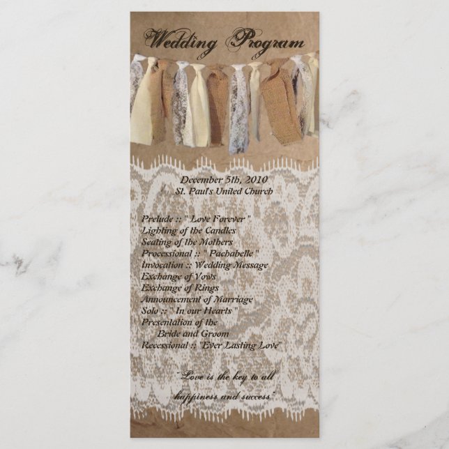 25 4x9 Wedding Program Kraft Paper Bag Lace Burlap (Front)