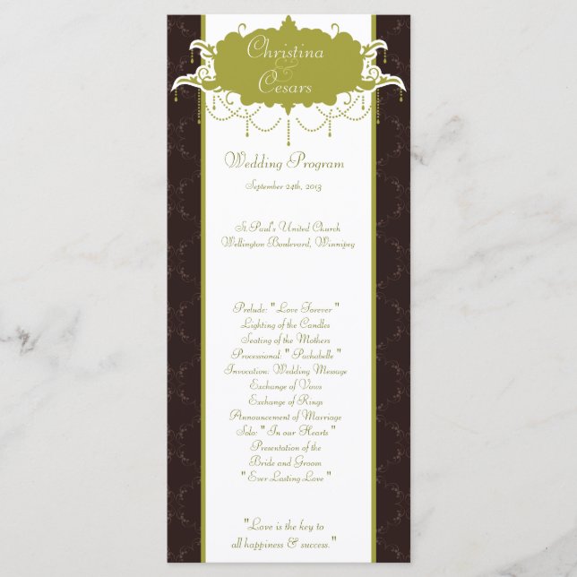 25 4x9 Wedding Program Light/Olive Green Chandelie (Front)