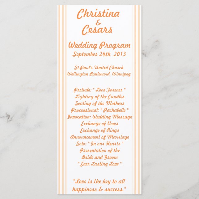 25 4x9 Wedding Program Love Birds Peach Stripes (Front)