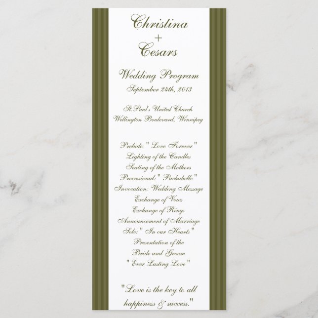 25 4x9 Wedding Program Martini Olives Green Stripe (Front)