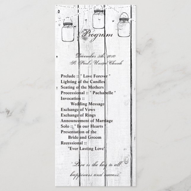 25 4x9 Wedding Program Mason Jar String Lights (Front)