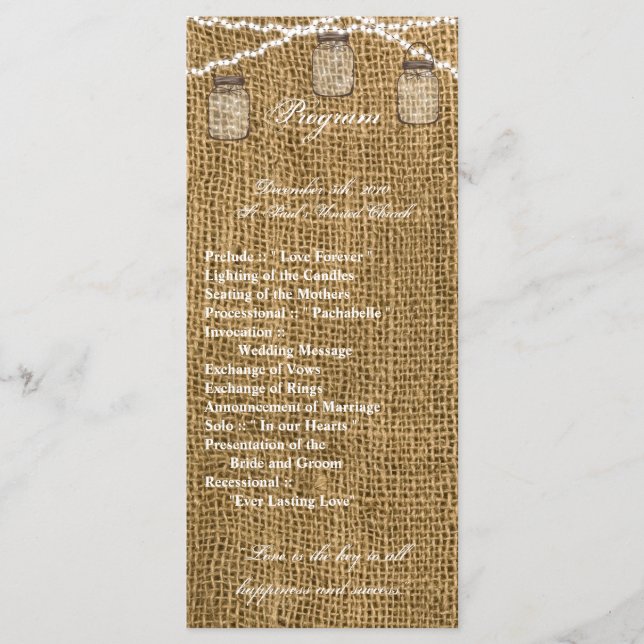 25 4x9 Wedding Program Mason Jar String Lights Bur (Front)