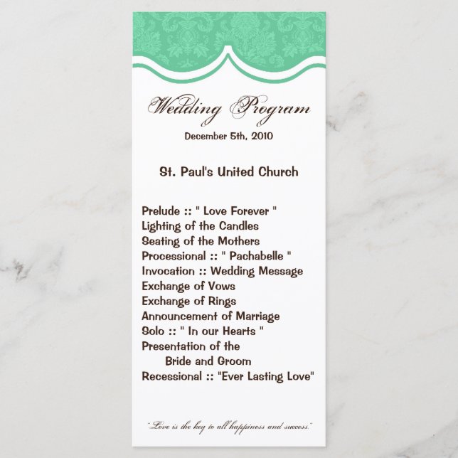 25 4x9 Wedding Program Mint Gree White Damask Lace (Front)