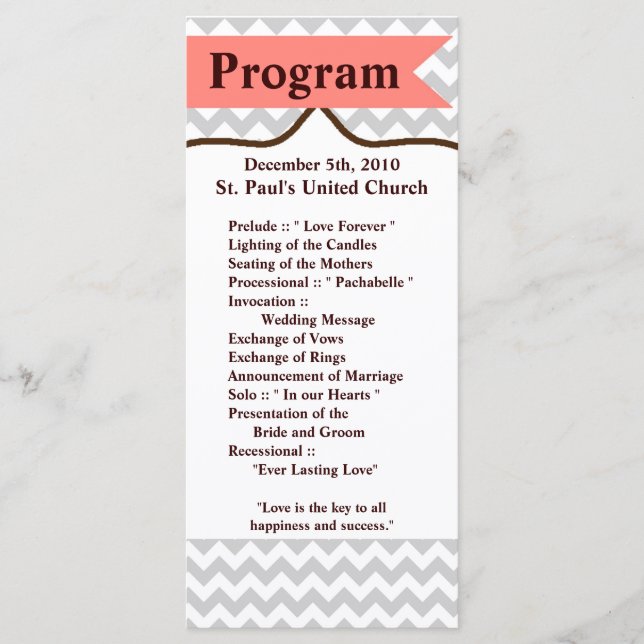 25 4x9 Wedding Program Modern Chevron Stripe Coral (Front)