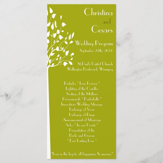 25 4x9 Wedding Program Modern Green Trees white Gr (Front)