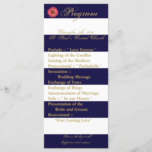 25 4x9 Wedding Program Modern Stripe Navy Blue (Front)