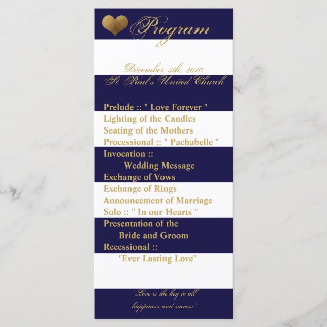 25 4x9 Wedding Program Modern Stripe Navy White (Front)