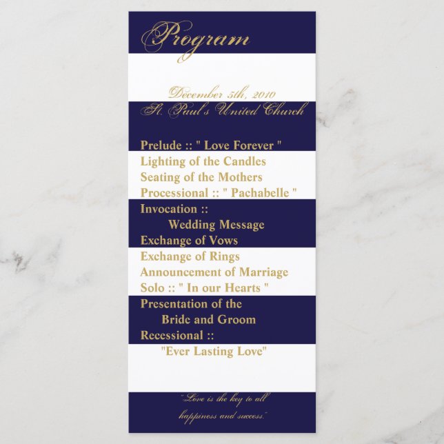 25 4x9 Wedding Program Modern Stripe Navy White (Front)