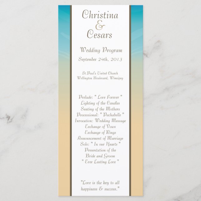 25 4x9 Wedding Program Ocean Beach Shore Seashells (Front)