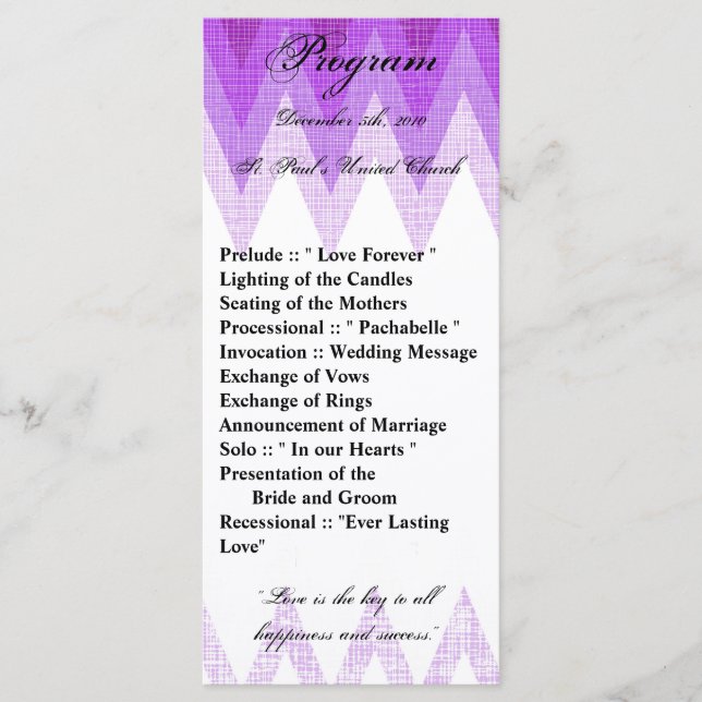 25 4x9 Wedding Program Ombre Purple Chevron (Front)