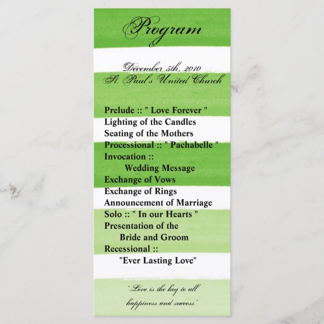 25 4x9 Wedding Program Ombre Stripe Green Line (Front)