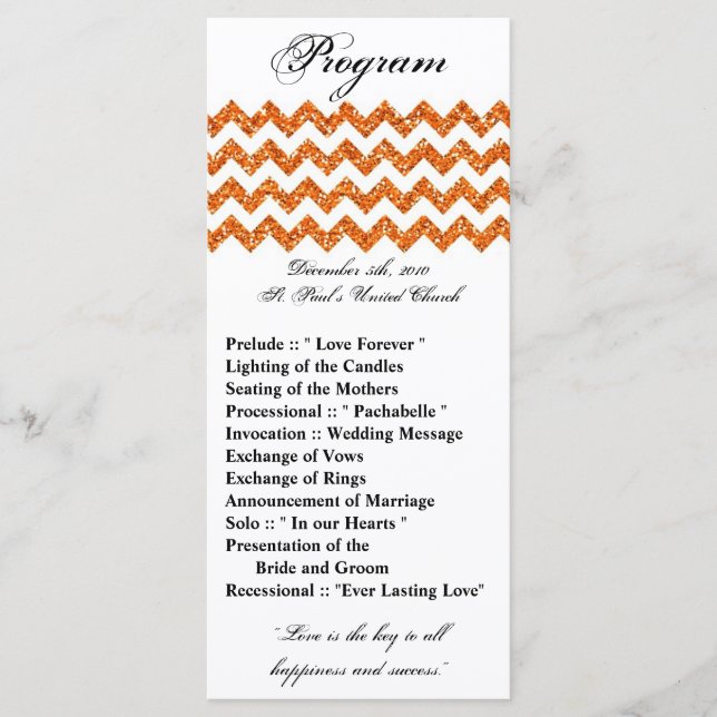 25 4x9 Wedding Program Orange Glitter Chevron Zig (Front)