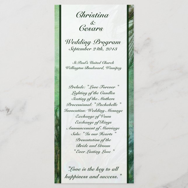 25 4x9 Wedding Program Peacock Green Feathers (Front)