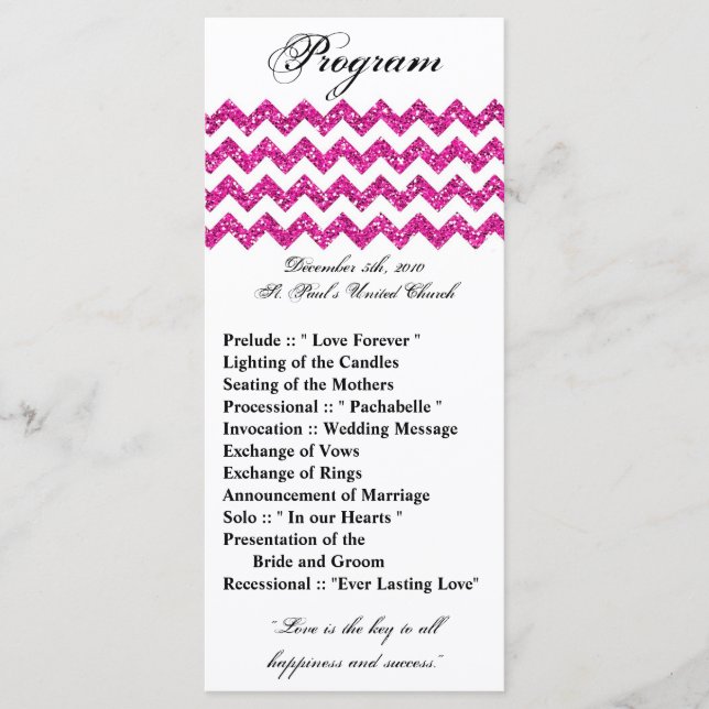 25 4x9 Wedding Program Pink Glitter Chevron Zig (Front)