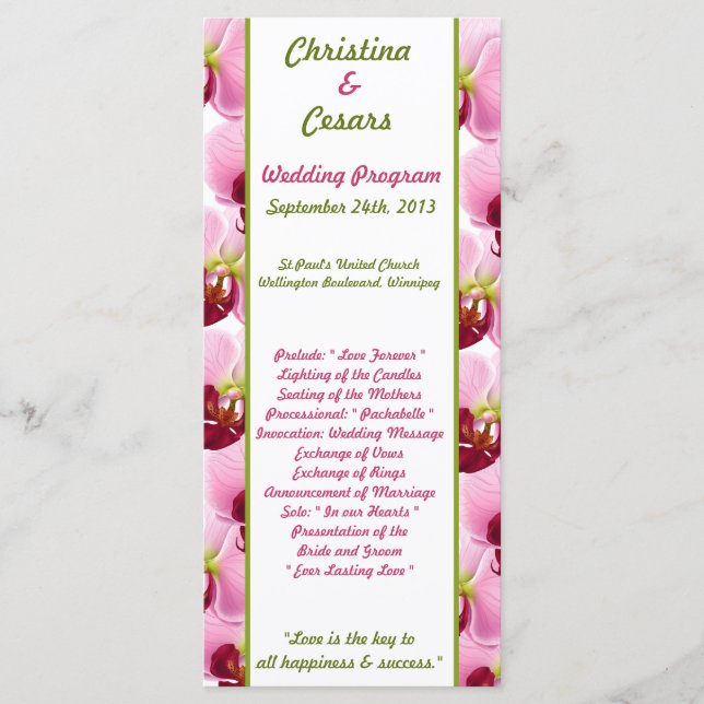 25 4x9 Wedding Program Pink Orchid Long Stem Flowe (Front)