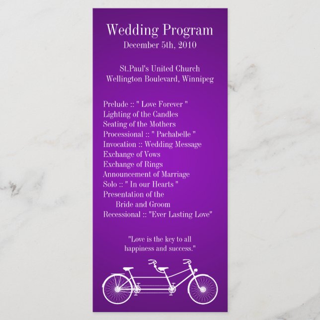 25 4x9 Wedding Program Purple Double Bike (Front)