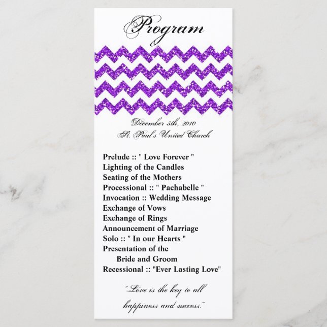 25 4x9 Wedding Program Purple Glitter Chevron Zig (Front)