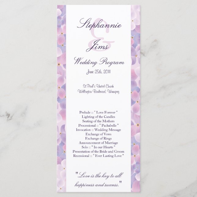 25 4x9 Wedding Program Purple Hydrangea (Front)