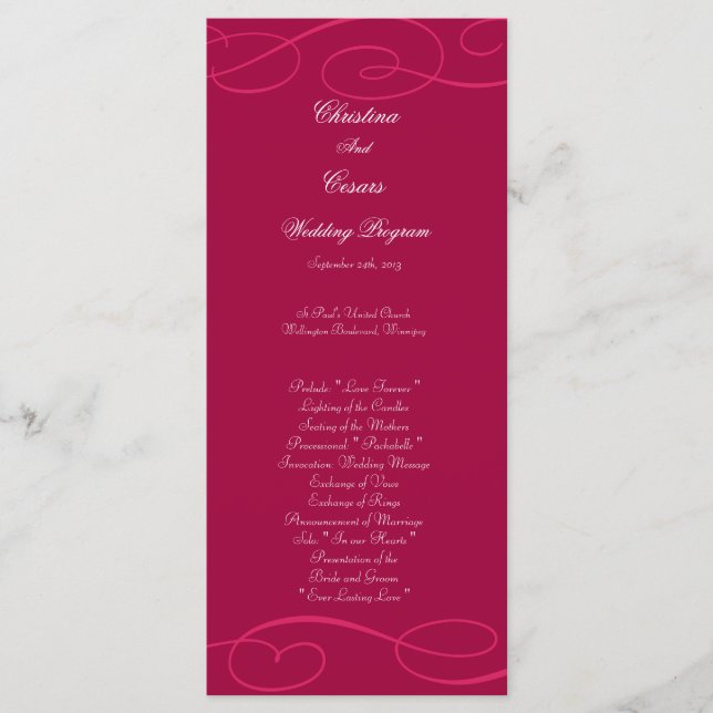 25 4x9 Wedding Program Raspberry Pink Loops/Swirls (Front)