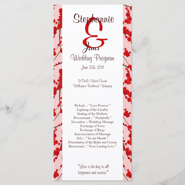 25 4x9 Wedding Program Red Cherry Blossom (Front)