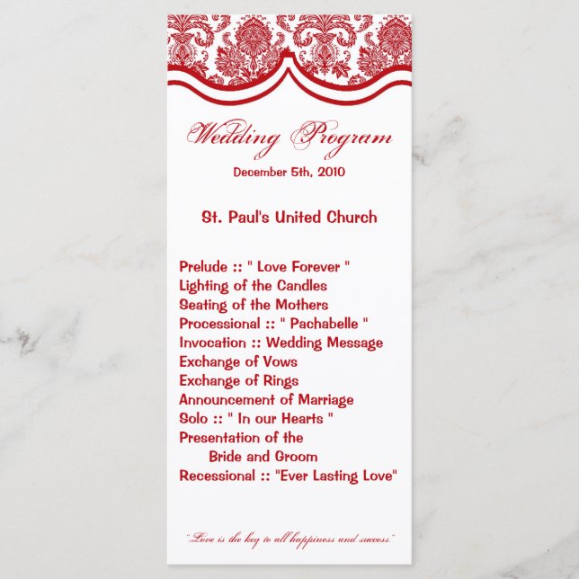 25 4x9 Wedding Program Red Crims White Damask Lace (Front)