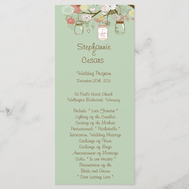25 4x9 Wedding Program Spring Floral Mason Jars (Front)