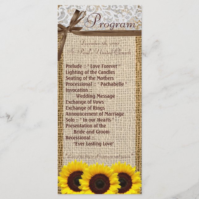 25 4x9 Wedding Program Sunflower Lace Burlap Count (Front)