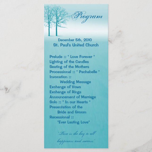 25 4x9 Wedding Program Two Winter Trees Snow Path (Front)