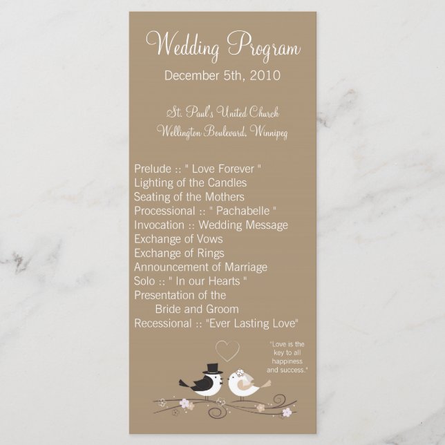 25 4x9 Wedding Program Wedding Birds Bride Groom (Front)