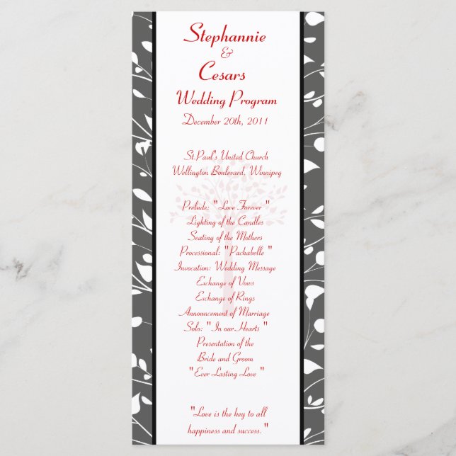 25 4x9 Wedding Program Winter Grey/Red Tree (Front)
