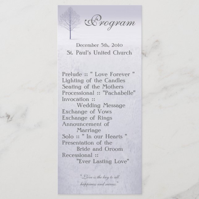 25 4x9 Wedding Program Winter Wonderland Trees Sno (Front)