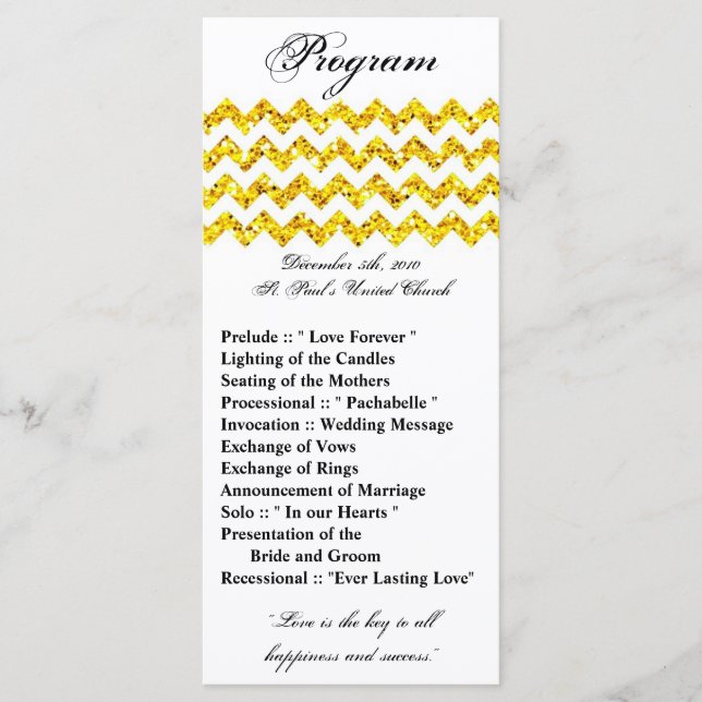 25 4x9 Wedding Program Yellow Glitter Chevron Zig (Front)