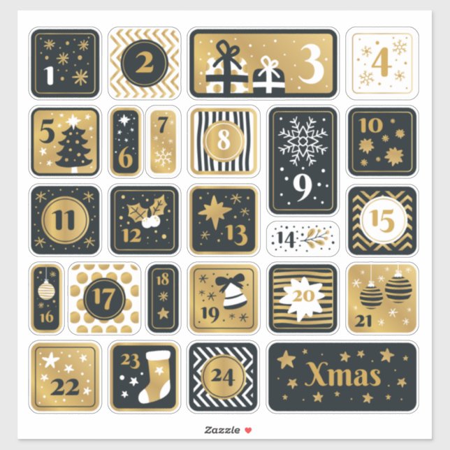 25 Advent Calendar Stickers black gold Christmas (Sheet)