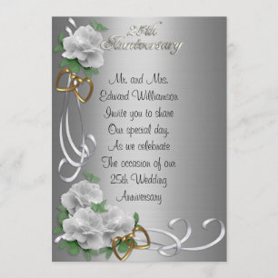 25 Anniversary invitation white roses silver satin