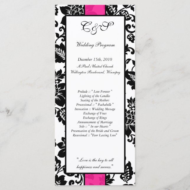 25 Black/Hot Pink Floral Damask Wedding Programs (Front)